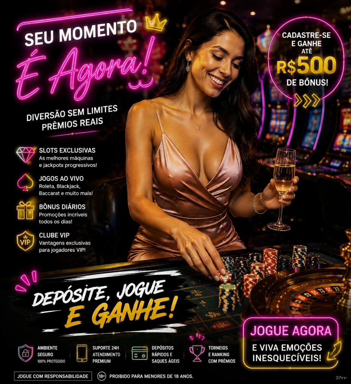 Imagem promocional da 27rr mostrando a plataforma e suas vantagens